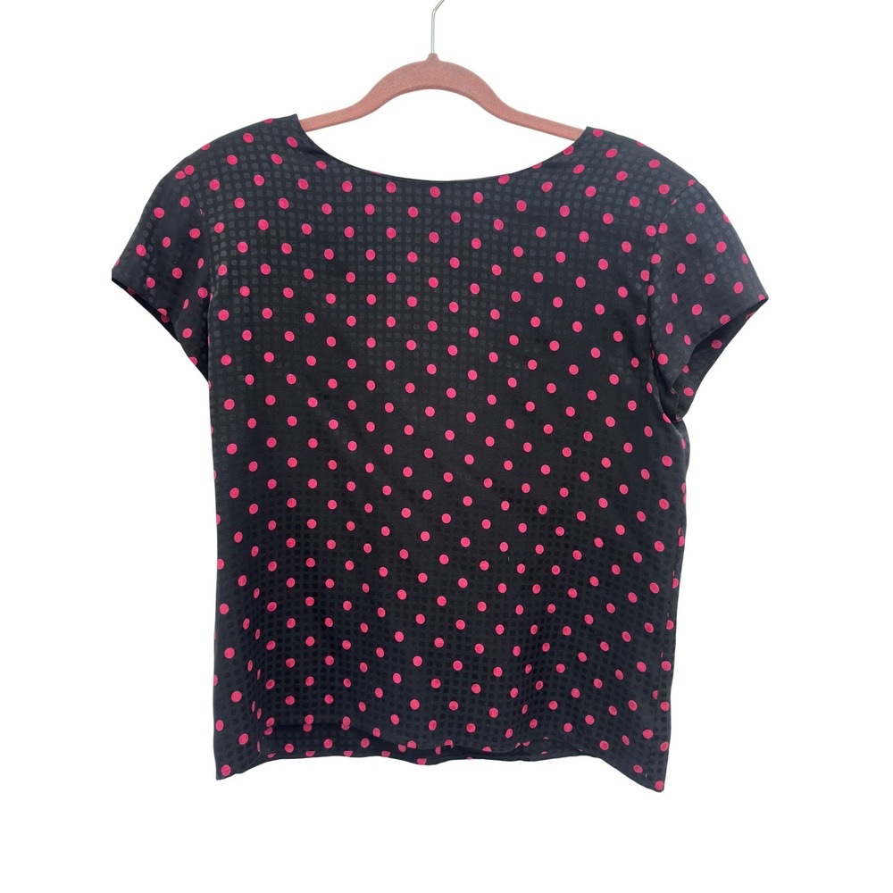 Vintage Anne Klein II Silk Blouse Black Pink Polka Dot Jacquard Petite M